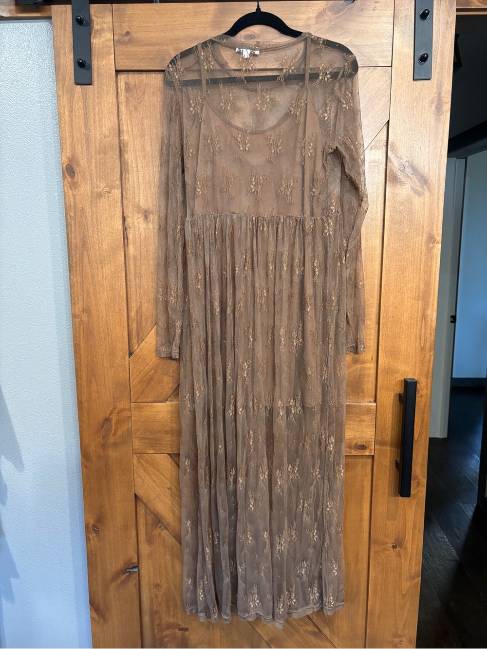 Sheer Floral Brown Maxi Dress with Long Sleeves